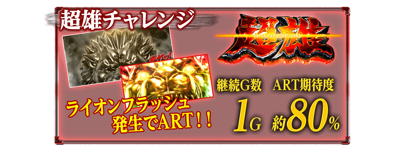 超雄チャレンジ!!ライオンフラッシュ発生でART!!継続G数1G!ART期待度は約80%!
