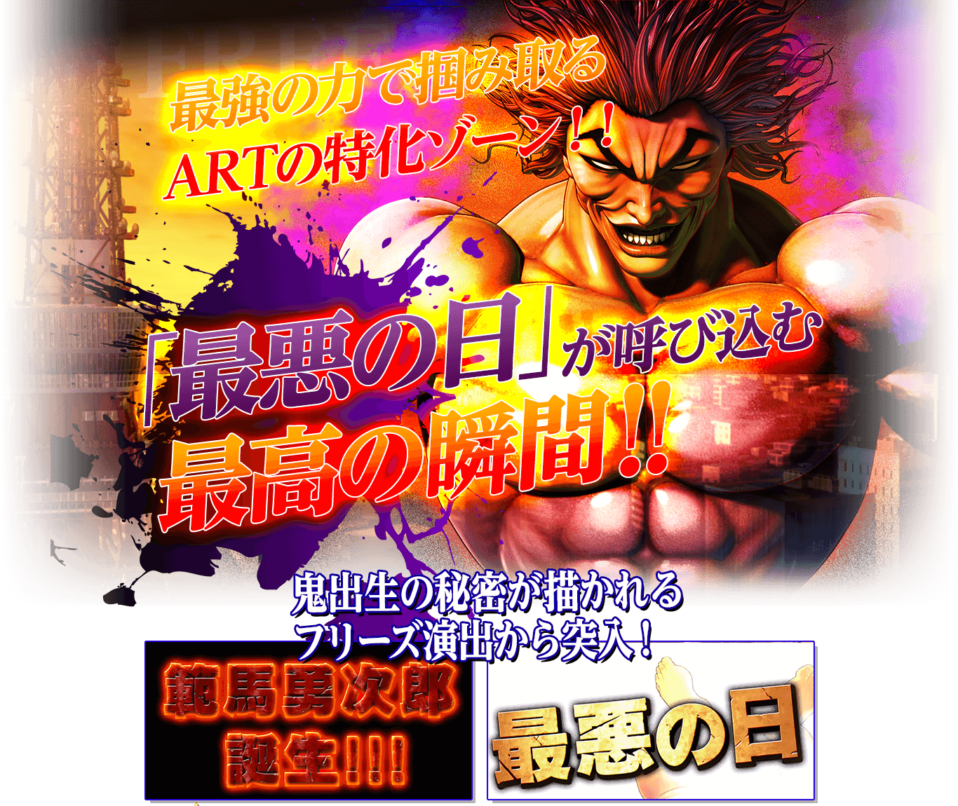 最強のちからで掴み取るART特化ゾーン!!「最悪の日」が呼び込む最高の瞬間!!鬼出生の秘密が描かれるフリーズ演出から突入!